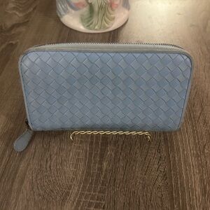 Bottega Veneta Baby Blue Leather Zip Around Wallet